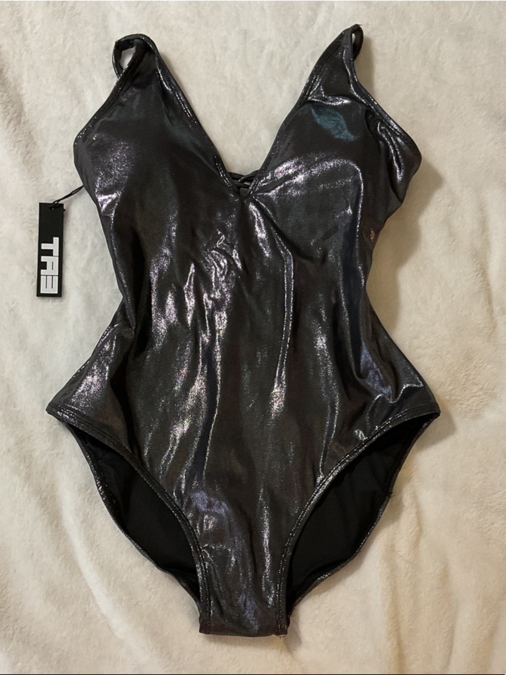 TA3 Shimmer V-Neck Women’s One-Piece Bodysuit - Black Metallic